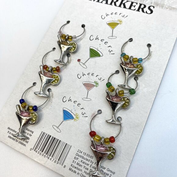 Drink Markers Set of 6 Martini Cocktail Party with Glass Beads and Metal Charms - Picture 3 of 5